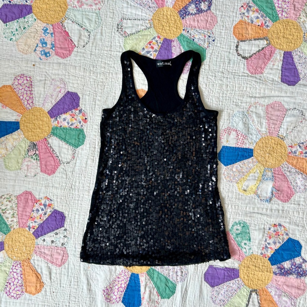Vintage 2000s Wet Seal Black Sequin Racerback Tank Top XS